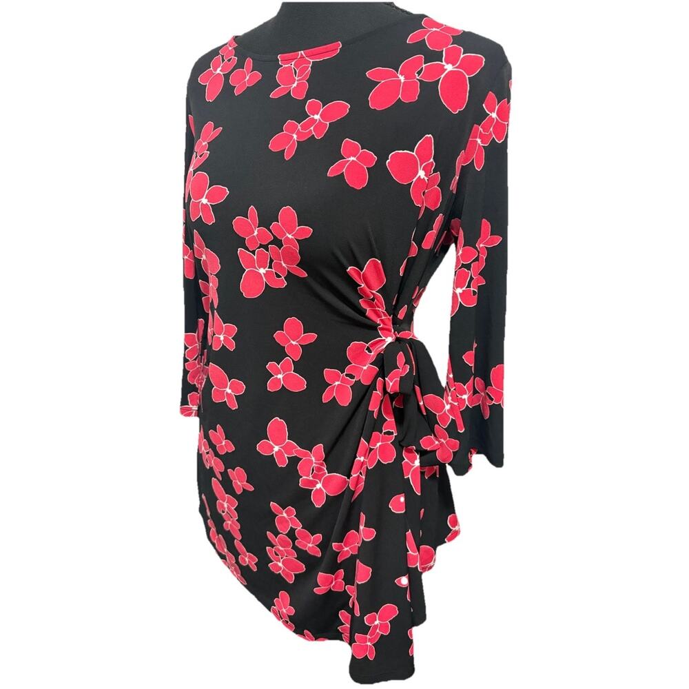 Alfani Women’s Small Black Red Floral Side Tie Blouse 3/4 Sleeve Stretch Top
